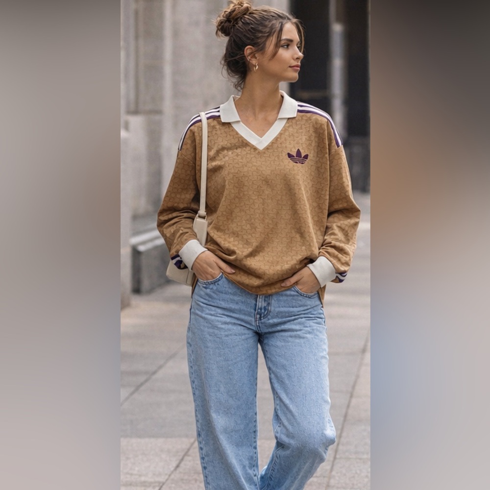 Adidas Originals Trefoil Monogram Jersey Top Tan Purple Logo Streetwear